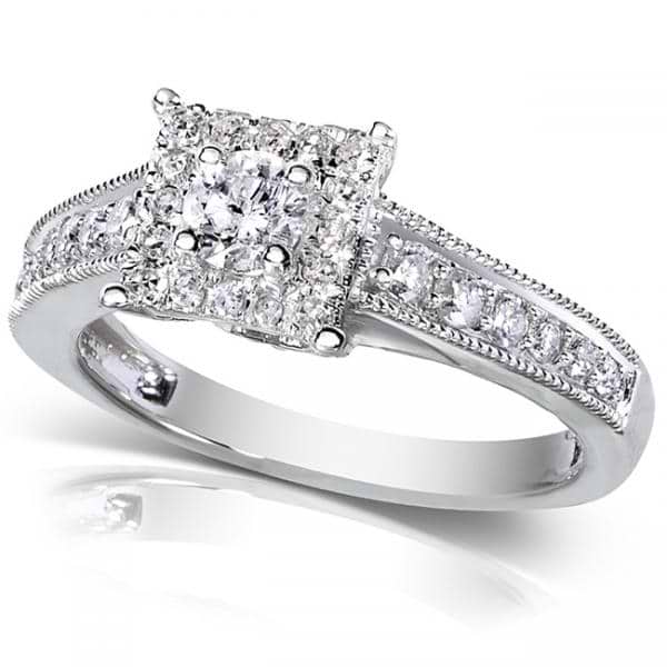 Round Cut Diamond Engagement Ring w/ Princess Halo 14k White Gold 0.50ct