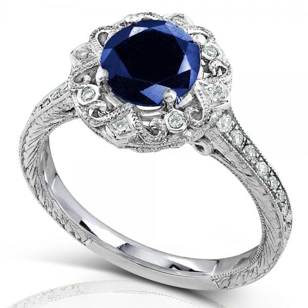 Vintage Sapphire and Diamond Cocktail Ring 14k White Gold 1.48ct