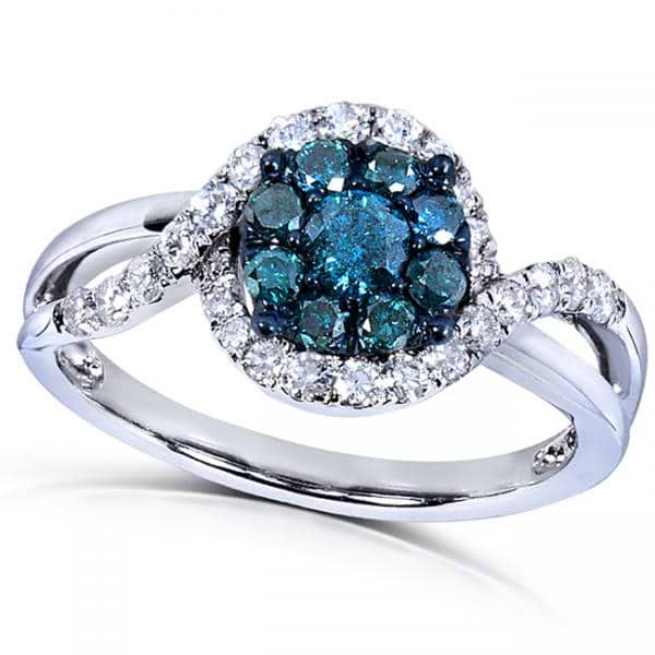 Round Blue Diamond & Double Halo Engagement Ring 14k W. Gold (0.75ct)