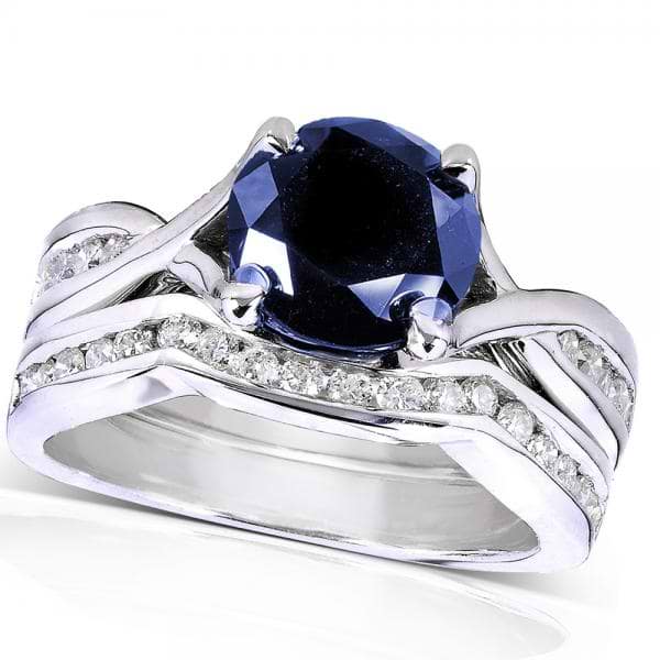 Round Blue Sapphire & Diamond Bridal Set in 14k White Gold (1.70ct)