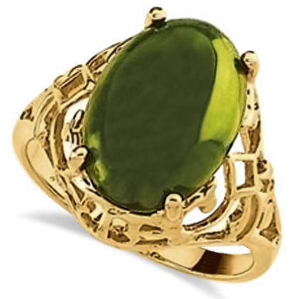Green Jade Ring Cabochon Cut Carved 14x10mm 14k Yellow Gold