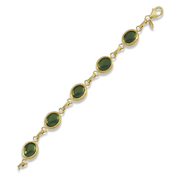 Oval Green Jade Link Bracelet Cabochon Bezel Set 14K Yellow Gold 9.1ct