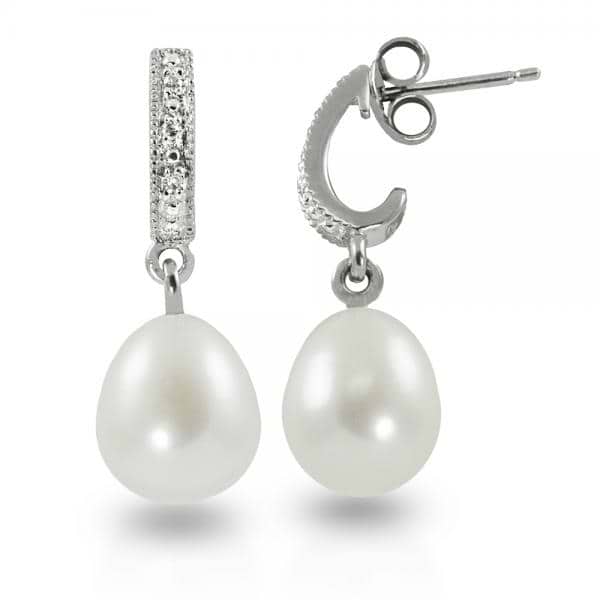 Diamond Accented Freshwater Pearl Drop Earrings Sterling Silver 8-9mm
