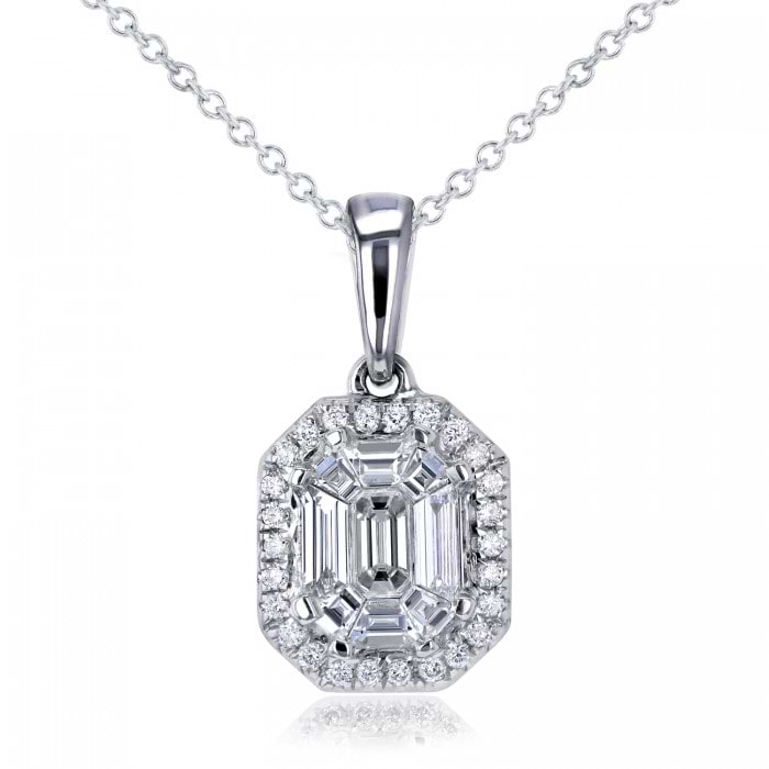 Emerald-Cut Halo Diamond Pendant Necklace 14k White Gold (0.50ct)