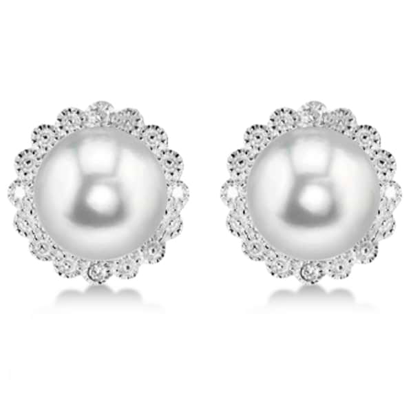 Freshwater Pearl & Diamond Halo Earrings Sterling Silver 8-8.5mm