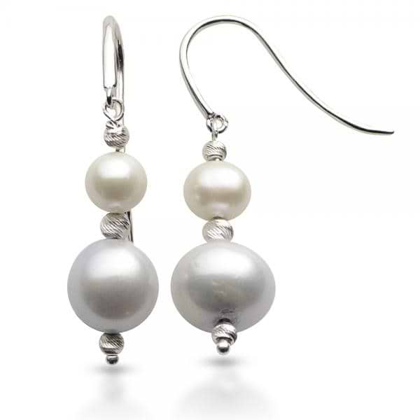 White & Grey Freshwater Pearl Drop Earrings Sterling Silver 6-9.3mm