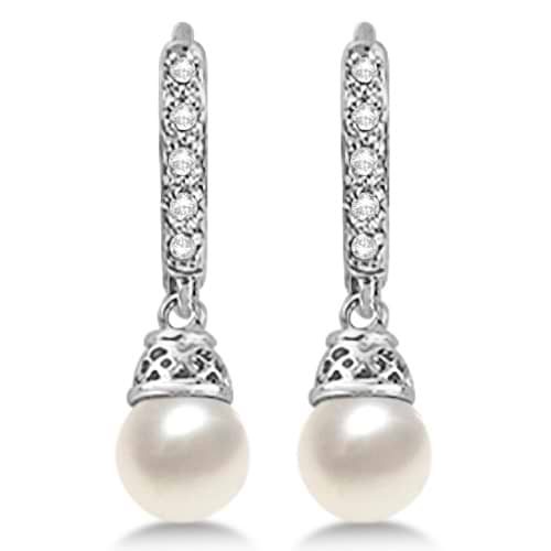 Freshwater Cultured Pearl & Diamond Drop Earrings 0.10ctw (6.5-7mm)