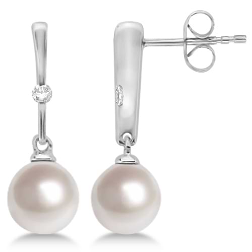 Freshwater Cultured Pearl & Diamond Drop Earrings 14K White Gold (7mm)
