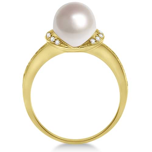 Solitaire Freshwater Cultured Pearl & Diamond Ring 14K Yellow Gold 8mm ...