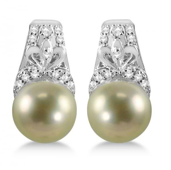 Antique Style Pearl & Diamond Earrings Filigree Sterling Silver 8-9mm