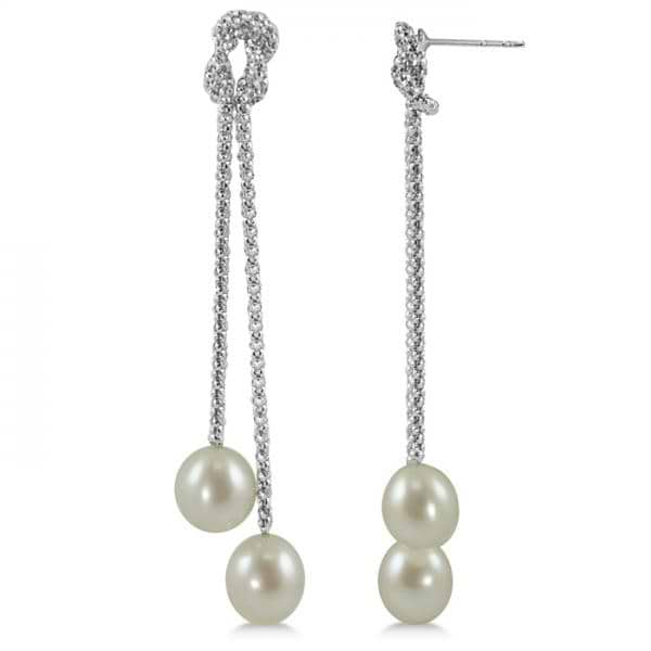 Freshwater Pearl Drop Earrings on Sterling Silver Rope Chains (8-9mm)