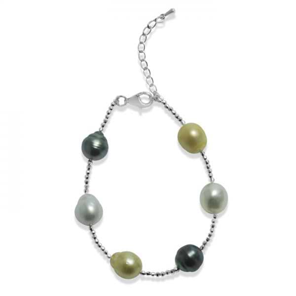 Link Bracelet with South Sea & Tahitian Pearls Sterling Silver 9-11mm