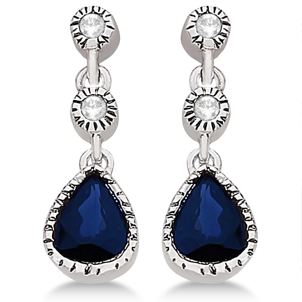 Vintage Drop Diamond and Blue Sapphire Earrings 14k White Gold (0.89ct)