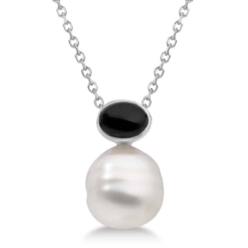 Black Onyx and South Sea Circle' Pearl Pendant  14K White Gold 11mm
