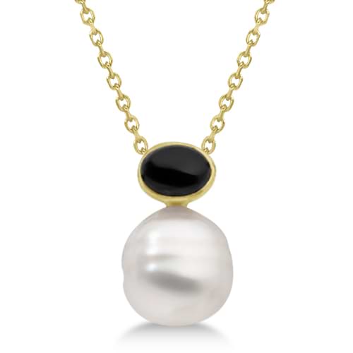 Black Onyx and South Sea Circle' Pearl Pendant 14K Yellow Gold 11mm