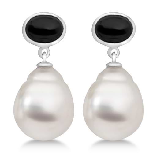 South Sea Cultured White Pearl and Onyx Earrings 14K White Gold 11mm