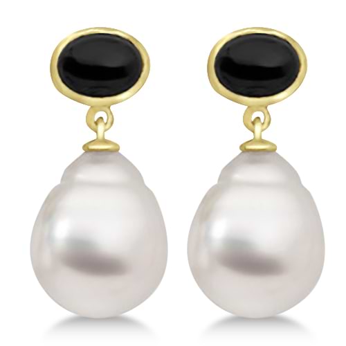 South Sea Cultured White Pearl and Onyx Earrings 14K Yellow Gold 11mm