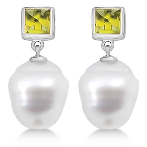 Square Peridot & South Sea Ringed Pearl Earrings 14K White Gold 12mm