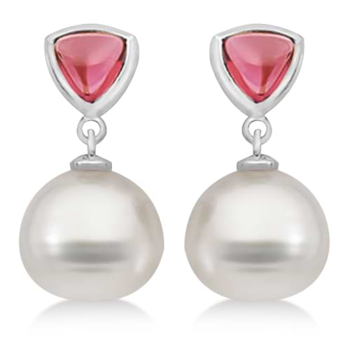 Rhodolite Garnet & South Sea Pearl Drop Earrings 14K White Gold 11mm
