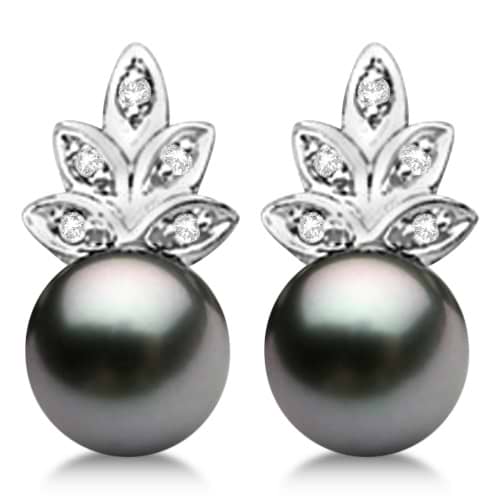 Akoya Cultured Black Pearl & Diamond Floral Earrings 14K W. Gold (7mm)
