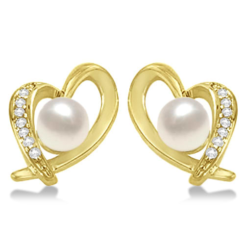 Akoya Cultured Pearl & Diamond Heart Earrings 14K Yellow Gold (7mm)