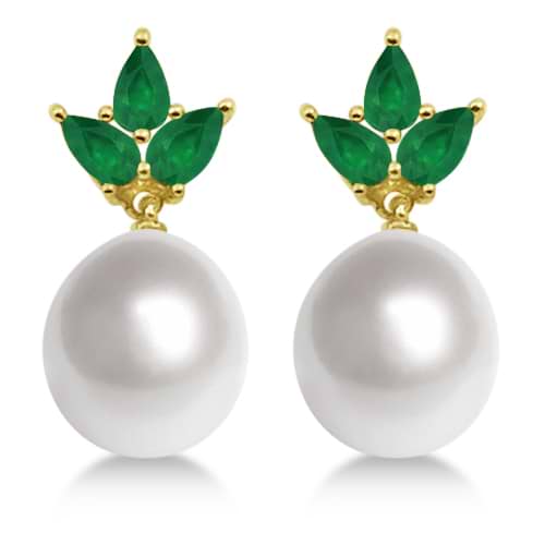 Floral South Sea Pearl and Emerald Earrings 18K Yellow Gold 10mm