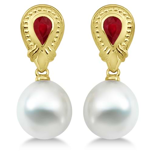 Paspaley South Sea Cultured Pearl & Ruby Earrings 18K Yellow Gold 11mm