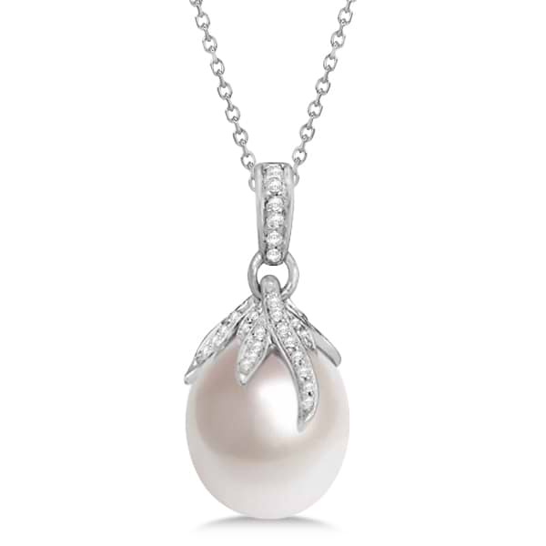 South Sea Pearl Pendant with Floral Diamond Accents Palladium 0.25cw