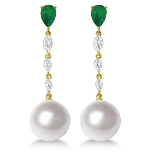 South Sea Pearl, Emerald & Diamond Dangle Earrings 18K Y. Gold 12mm
