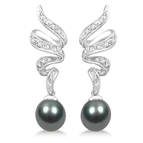 Black Akoya Pearl Dangle Earrings with Diamonds 14K White Gold 8mm