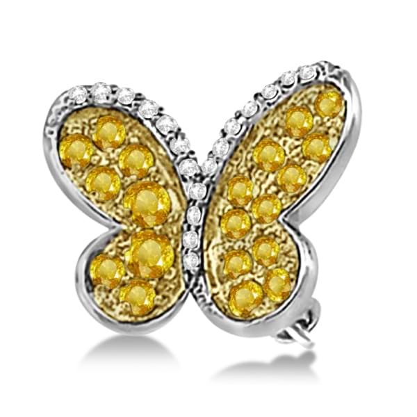Yellow Sapphire and Diamond Butterfly Brooch 14K White Gold (0.73ctw)