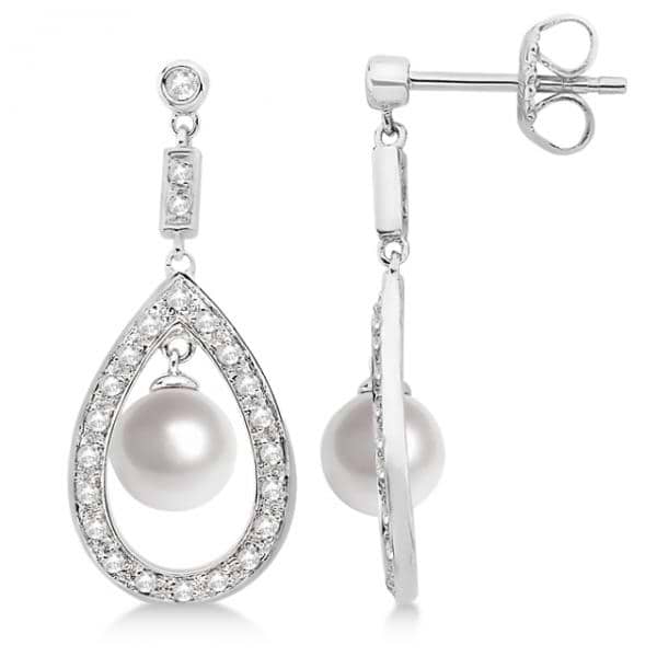 Freshwater Cultured Pearl & Diamond Teardrop Earrings 14K White Gold