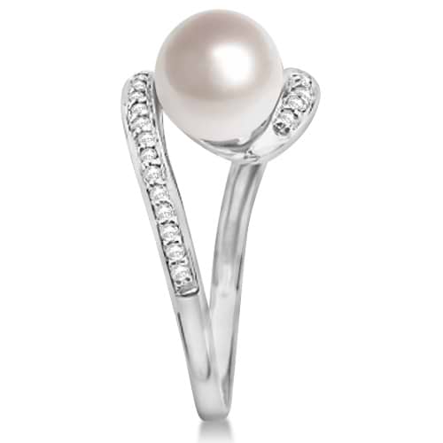 Bypass Freshwater Cultured Pearl & Diamond Ring 14K W. Gold 8mm - RE286