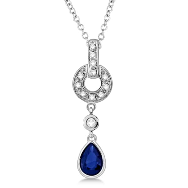 Pear Diamond & Blue Sapphire Pendant Necklace 14k White Gold (0.58ct)