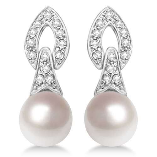 Cultured Freshwater Pearl & Diamond Drop Earrings 14K White Gold 7mm ...