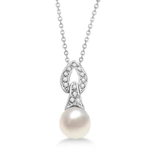 Diamond & Cultured Freshwater Pearl Pendant Necklace 14K White Gold 8mm