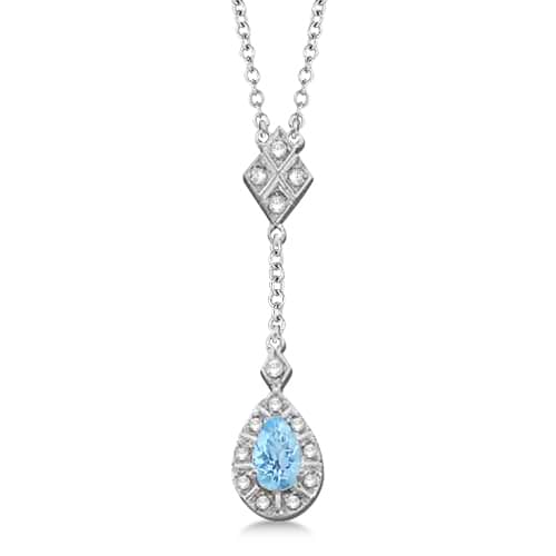 Pear Diamond and Aquamarine Pendant Necklace 14k White Gold (0.66ct)