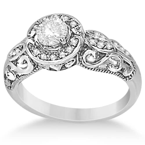 Vintage Moissanite & Diamond Engagement Ring 14K White Gold 0.59ctw