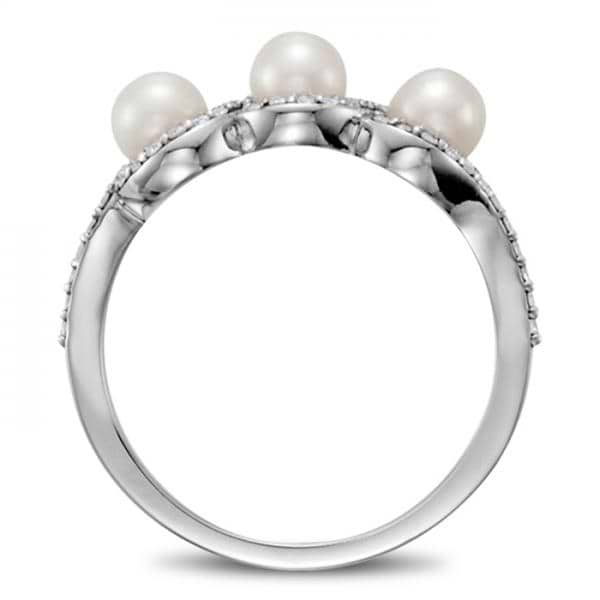 Freshwater 3 Pearl Ring with Diamond Halo 14k White Gold 4.5mm 0.25ct ...