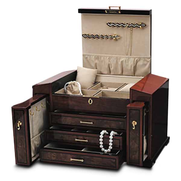 Polished Bubinga Veneer Jewelry Chest for Women w/Curved Top