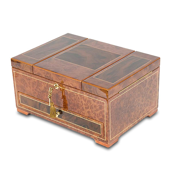 Rustic Burl Wood Jewelry Chest with Lock and Key, One Drawer