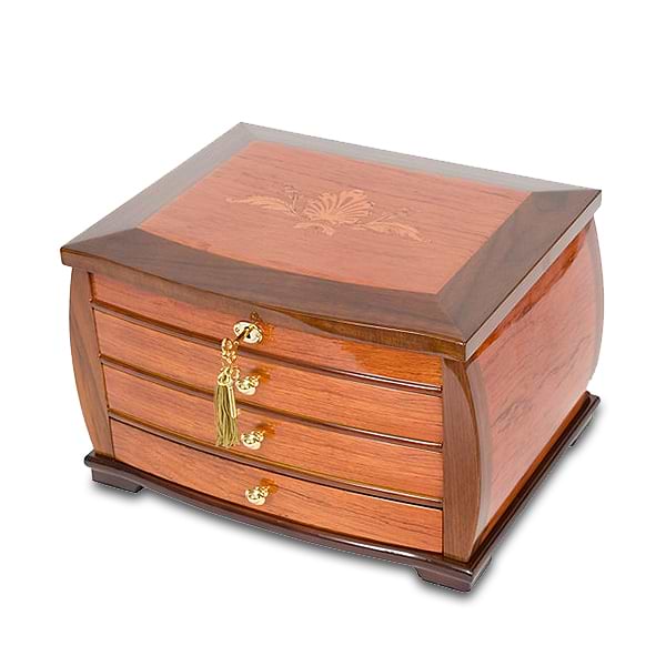 Bubinga Wood and Walnut Locked Jewelry Chest with Stenciled Top