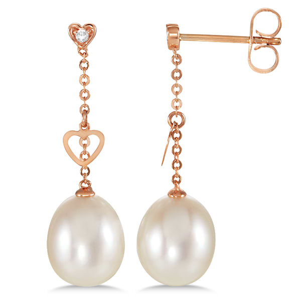 Freshwater Cultured Pearl & Diamond Hanging Earrings 14k Rose Gold 0.02ct