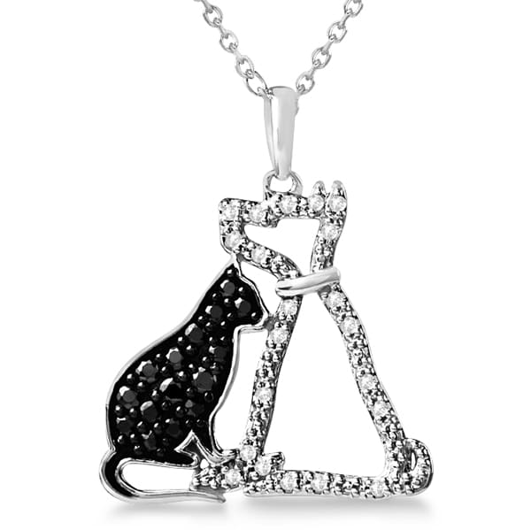 White and Black Diamond Dog & Cat Necklace Sterling Silver 0.26ct