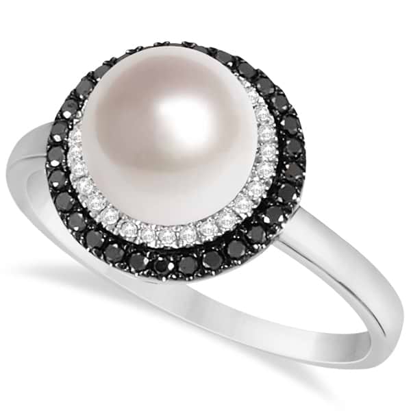 Freshwater Pearl Ring w/ White & Black Diamond Halo 14k White Gold 0.25ct