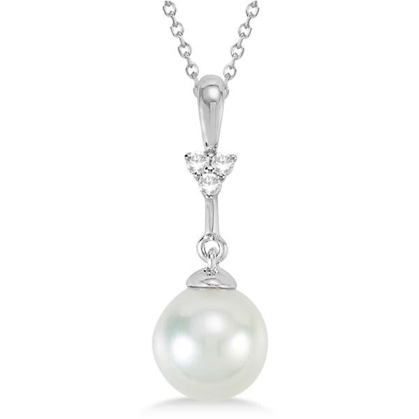 Freshwater Pearl Pendant Drop Necklace with Diamonds 14K White Gold