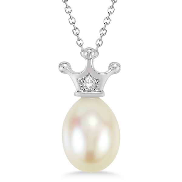Freshwater Pearl Pendant with Diamond Accent Crown 14K W. Gold 0.01cw