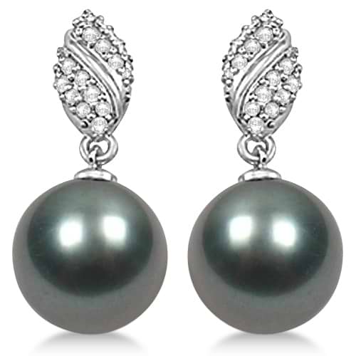 Tahitian Cultured Pearl & Diamond Drop Earrings 14K White Gold 12mm