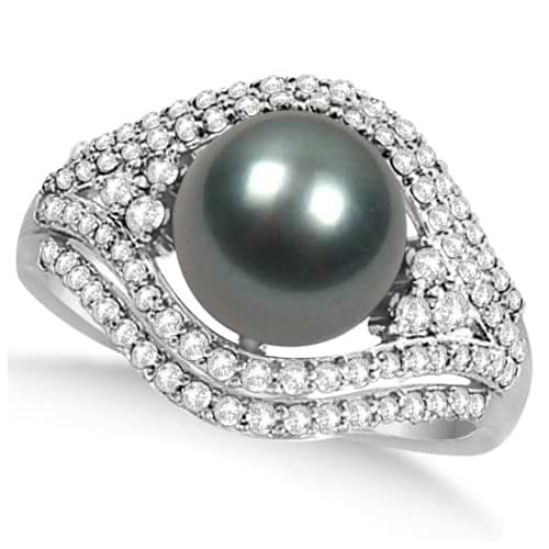 Tahitian Cultured Pearl & Diamond Fashion Ring 14k White Gold (9mm)