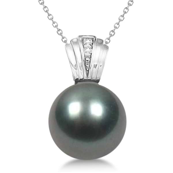 Solitaire Cultured Tahitian Pearl & Diamond Drop 14K White Gold (11mm)